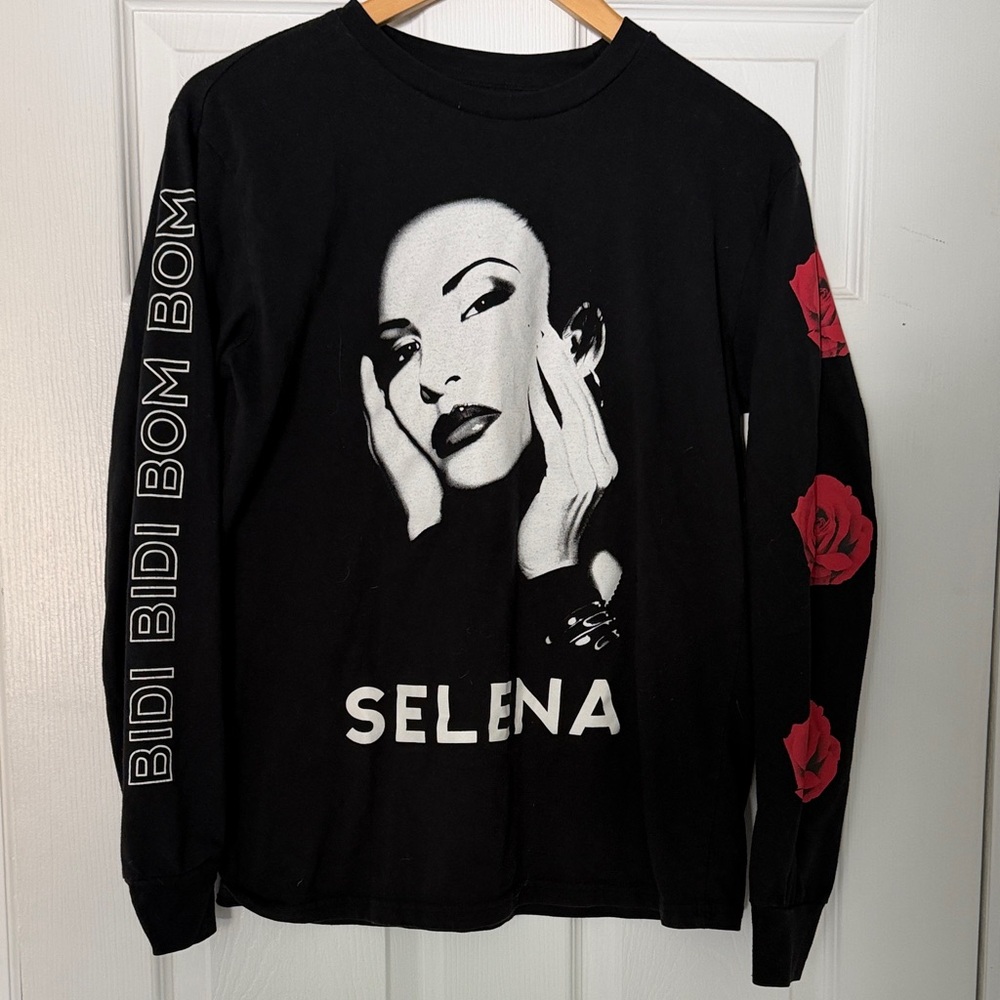 Selena Black Long Sleeve Graphic Tee with Red Rose Sleeves